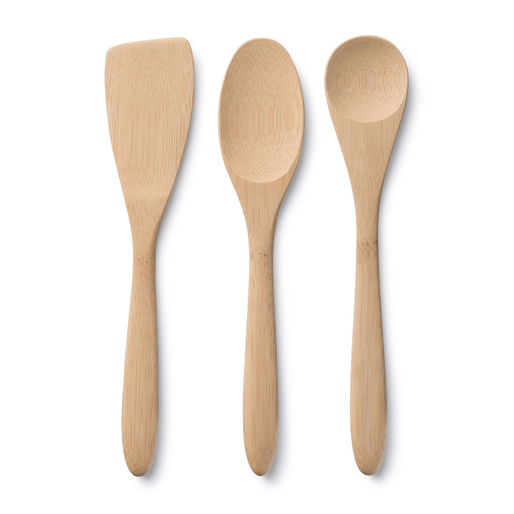 Natural Organic Bamboo Cooking Utensils includes oval spoon, rounded spoon and spatula