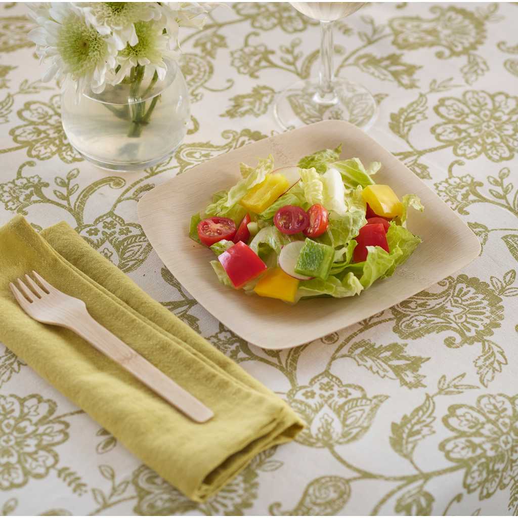 7 Inch Organic Bamboo Disposable Square Plate shown with Salad