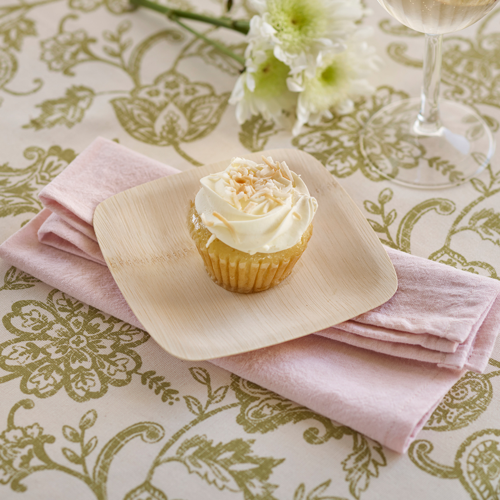 5 Inch Organic Bamboo Disposable Square Plate shown with Cupcake