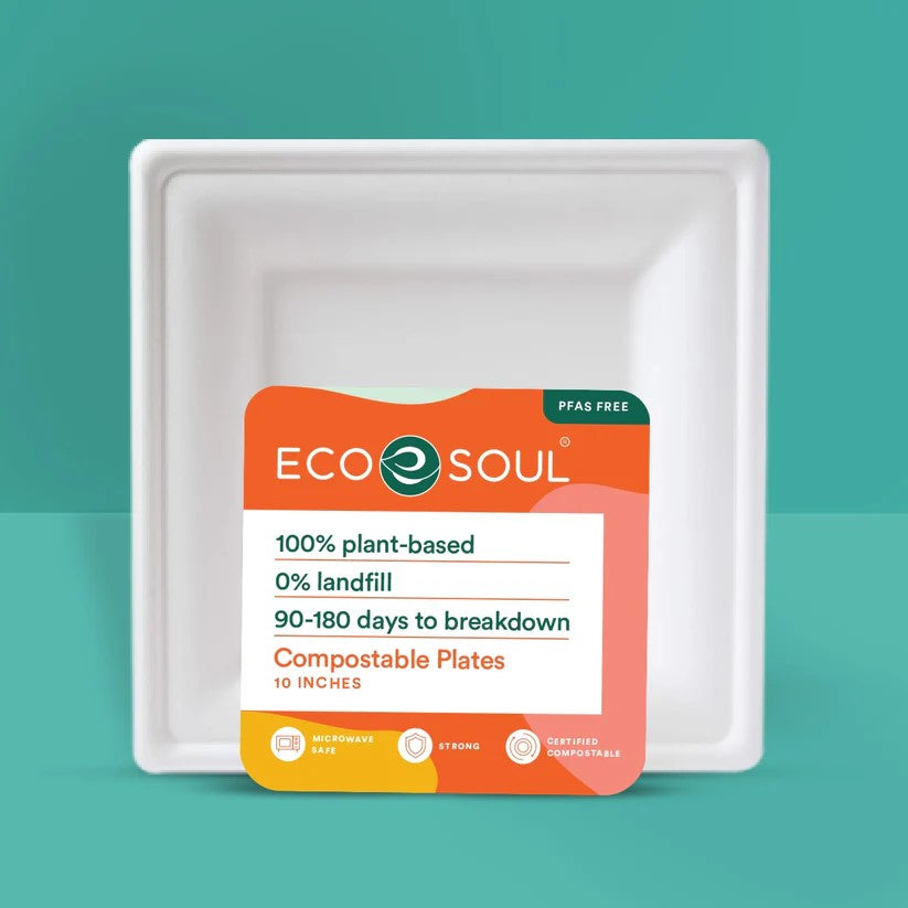 10 Inch Square White Bagasse Compostable Plate shown in Packaging