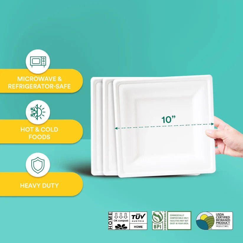 10 Inch Square White Bagasse Compostable Plate shown with Compostable Certifications