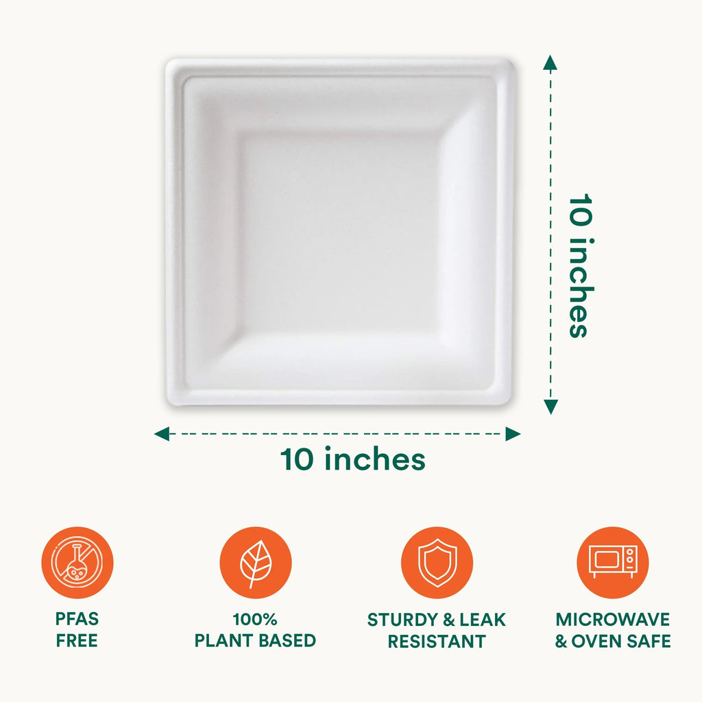 EcoSoul compostable 10-inch square pearl white bagasse disposable plates.