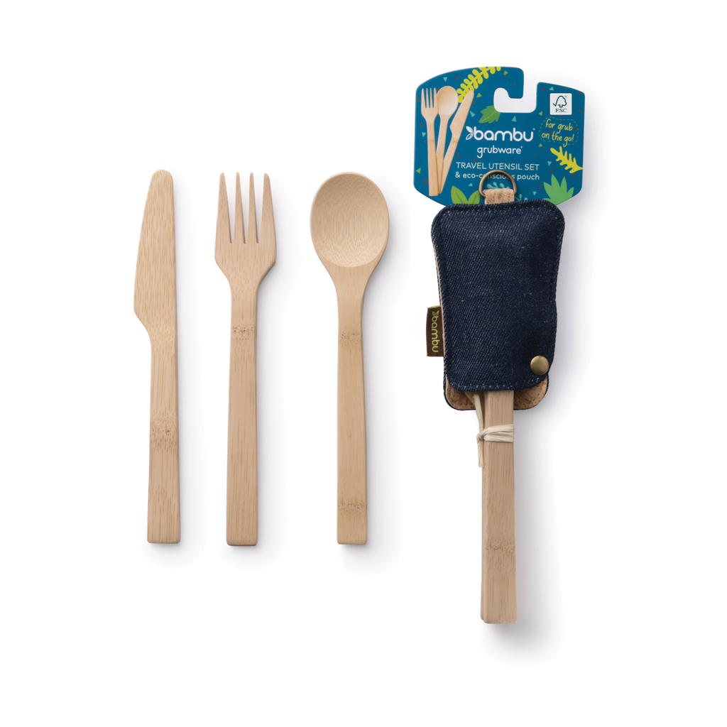 Natural Organic Bamboo Reusable Utensil Set with Hemp Denim Covering, full set shown.