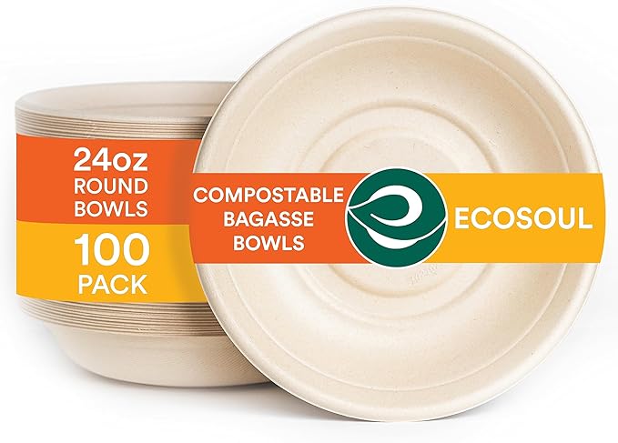 24 oz Bagasse Certified Compostable Bowl shown in Packaging