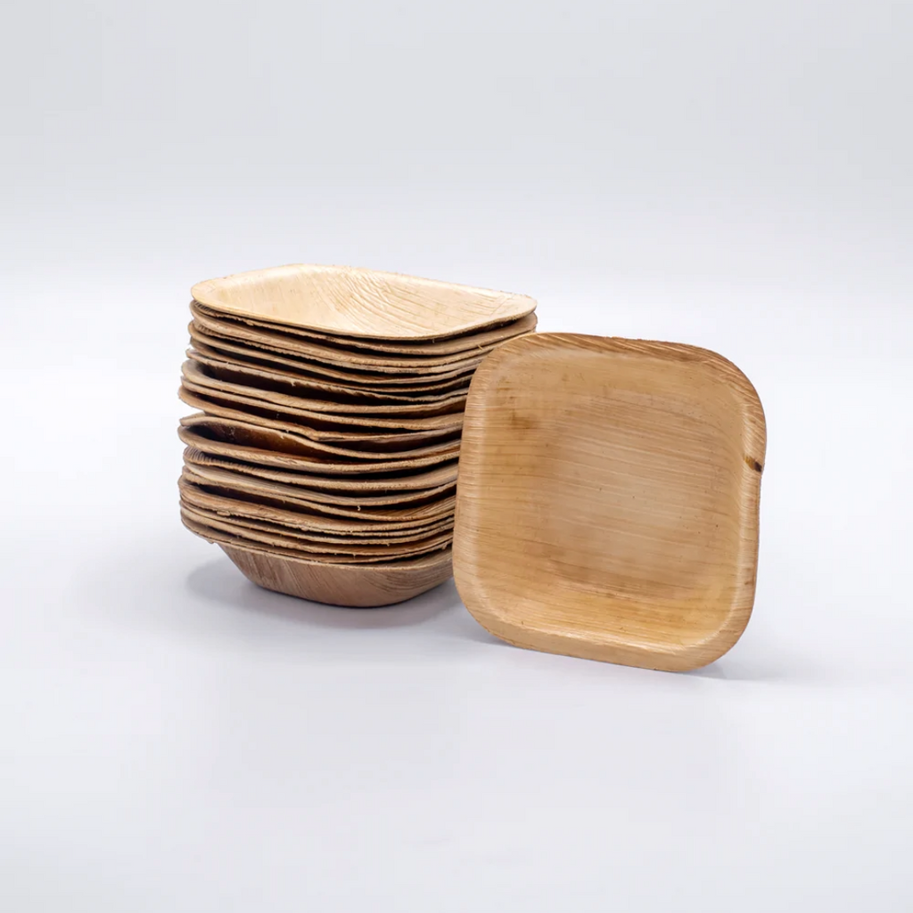 VerTerra 3-inch Square Palm Leaf Bowls shown stacked