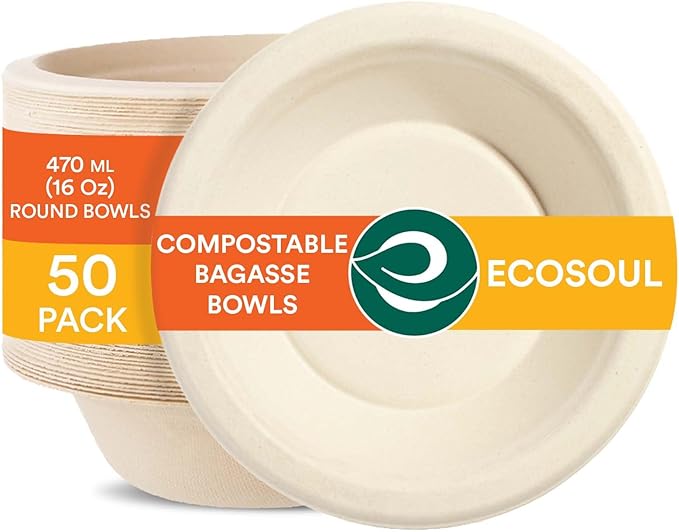 16 oz Bagasse Certified Compostable Bowl shown in Packaging