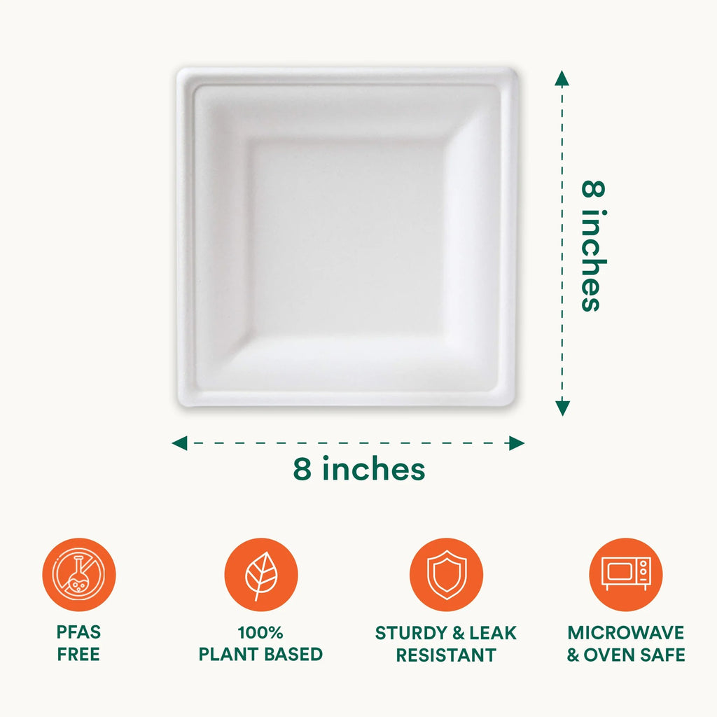 EcoSoul 8-inch square pearl white bagasse compostable plate