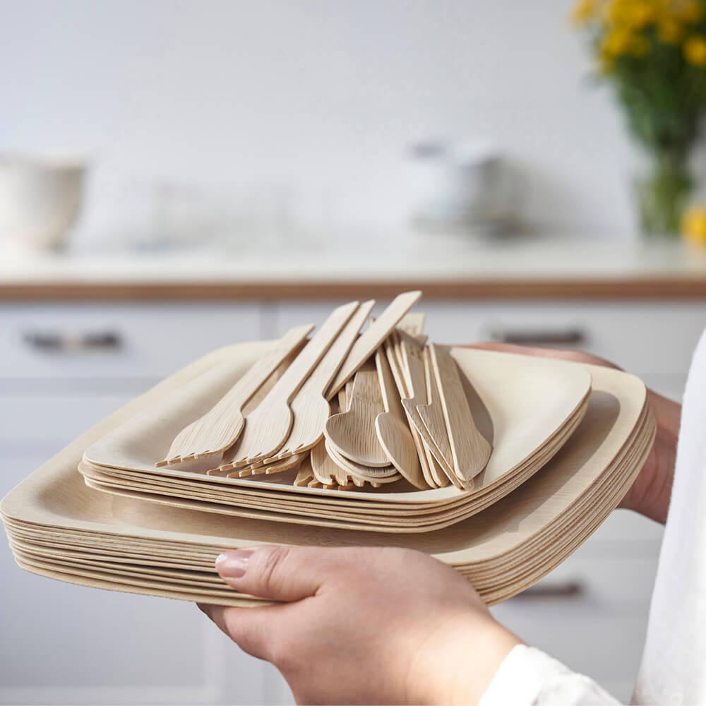 Organic Bamboo Disposable Square Plates and Utensils