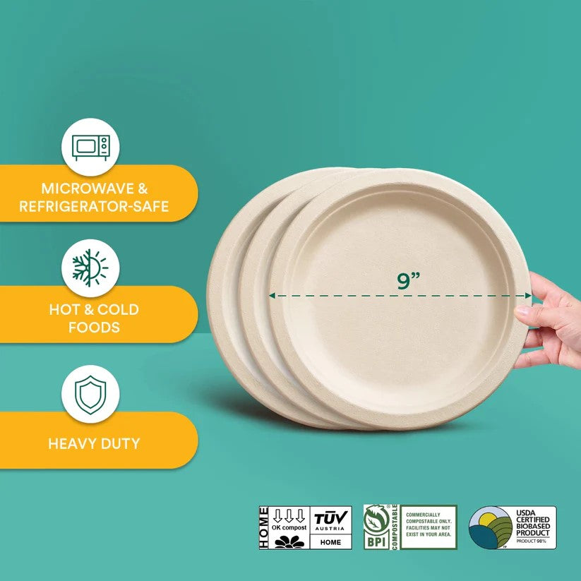 9 Inch Round Bagasse Compostable Plates shown with Certifications