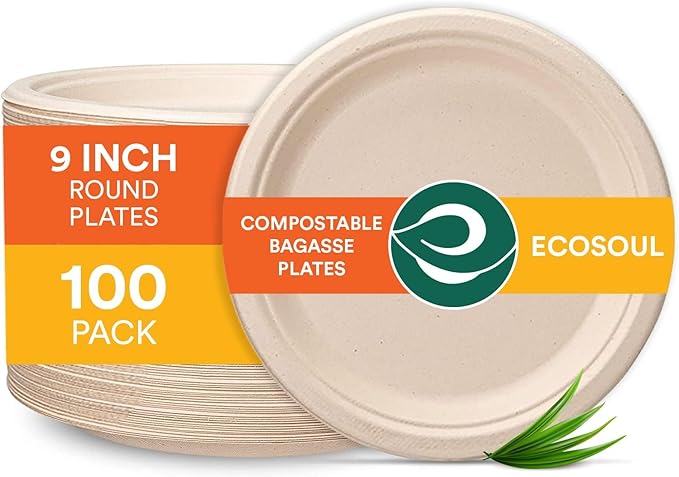 9 Inch Round Bagasse Certified Compostable Plate shown with Packaging