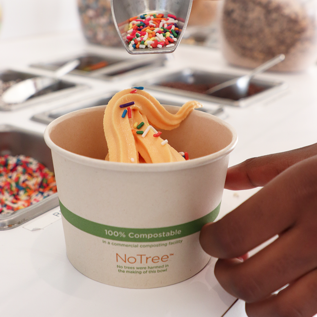 World Centric Compostable 16 oz NoTree Fiber Bowl Shown with Ice Cream