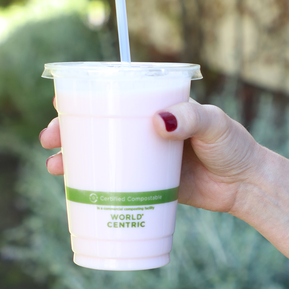 World Centric Compostable PLA 16 oz Clear Cold Cup shown as smoothie