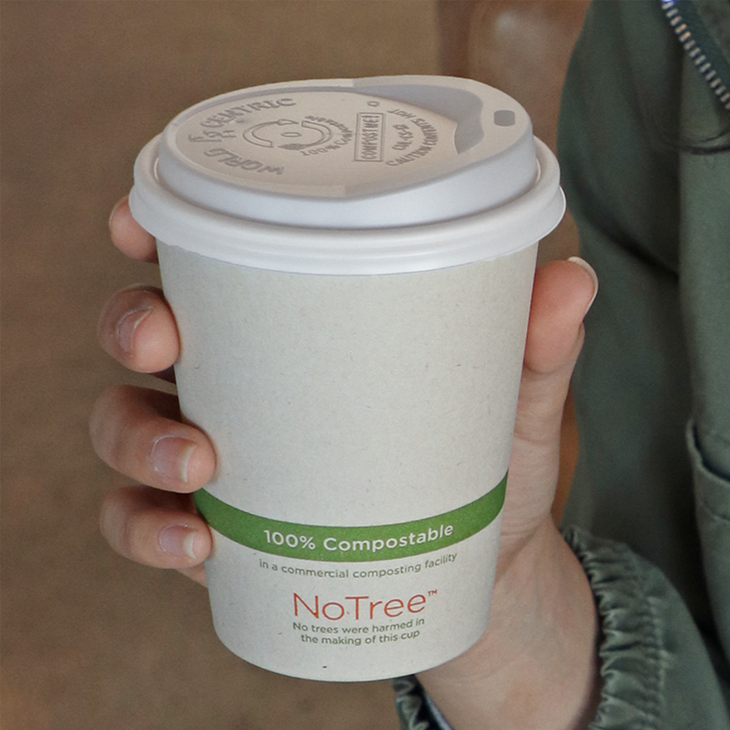 World Centric Compostable NoTree Coffee Cup shown with Lid