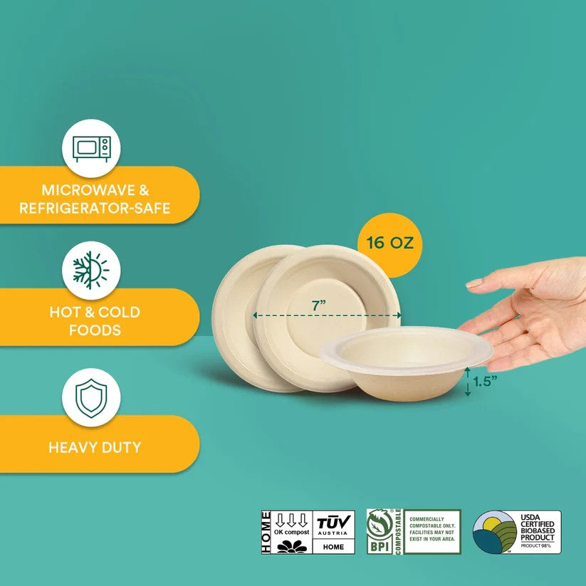 16 oz Bagasse Compostable Bowl shown with Dimensions and Certifications