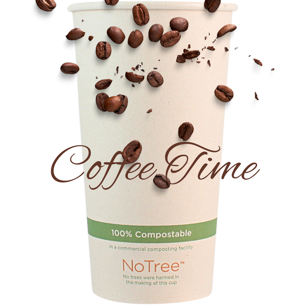 World Centric Compostable 16 oz NoTree Fiber Cup illustrating "Its Coffee Time"