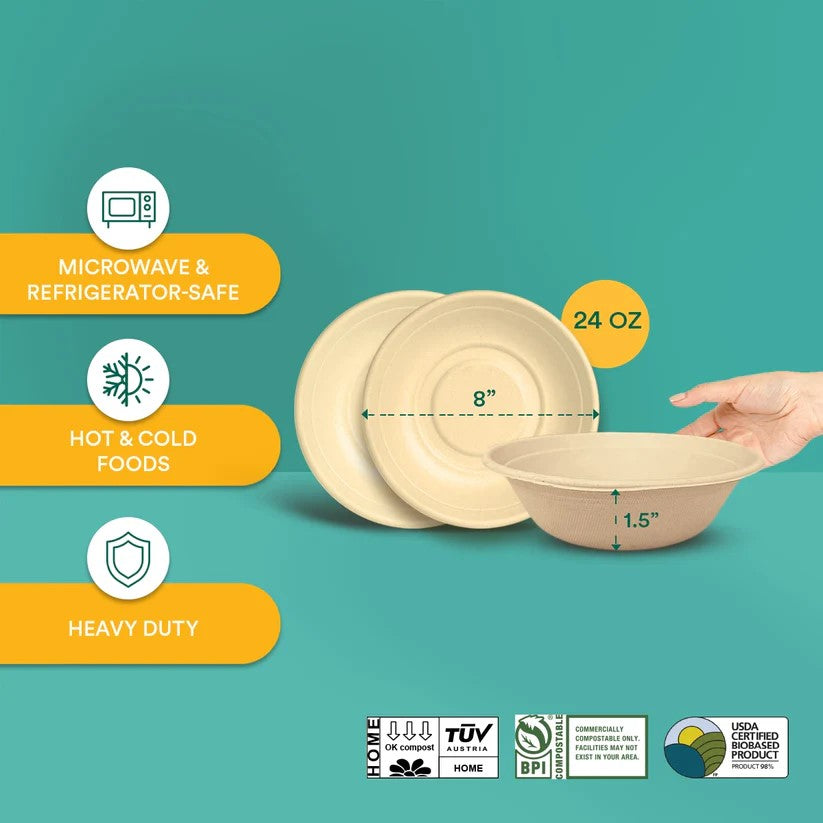 24 oz Bagasse Compostable Bowl shown with Dimensions and Certifications