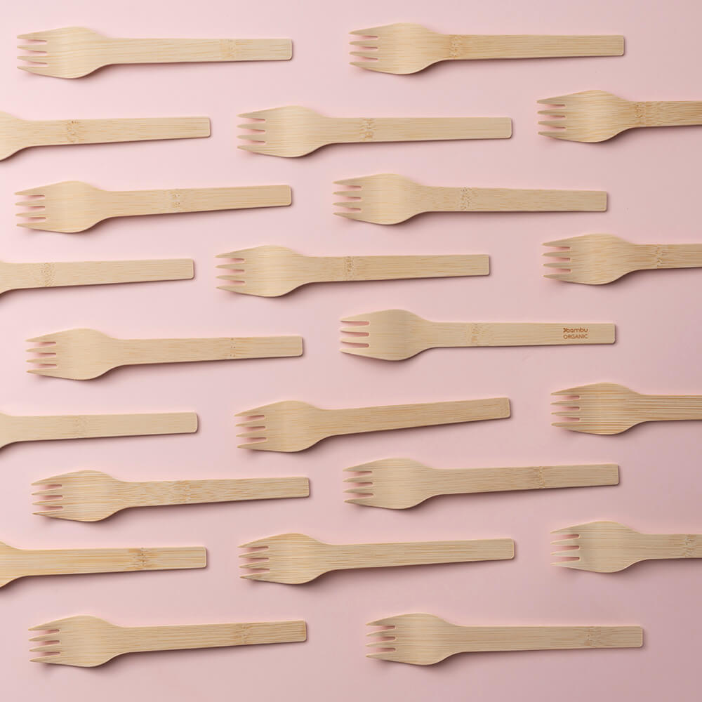 Organic Bamboo Disposable Forks with Pink Background