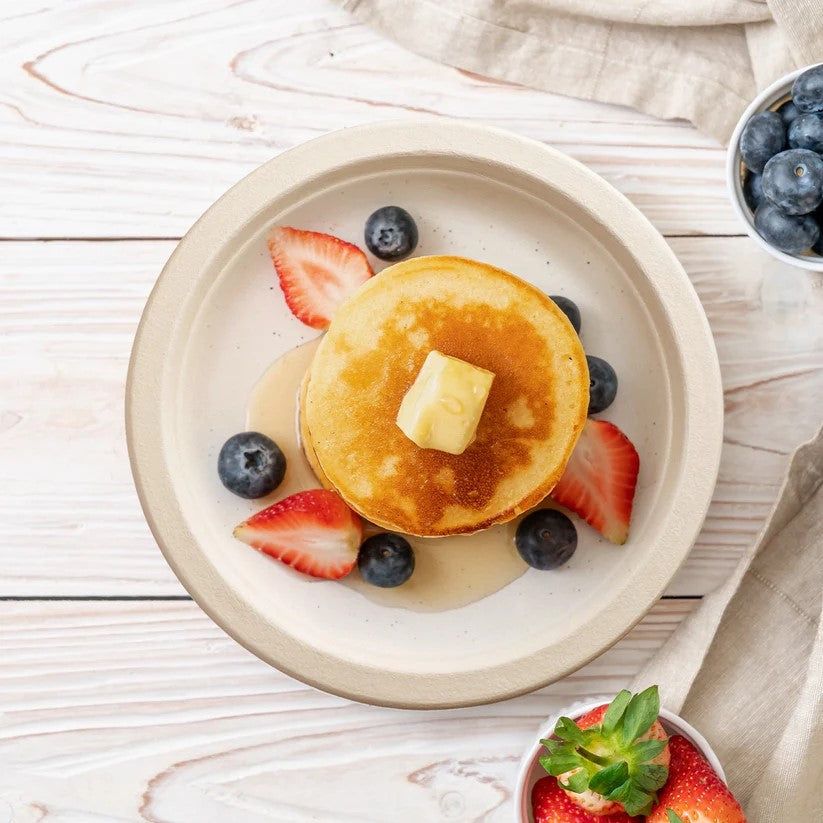 9 Inch Round Bagasse Certified Compostable Plate shown with Pancakes