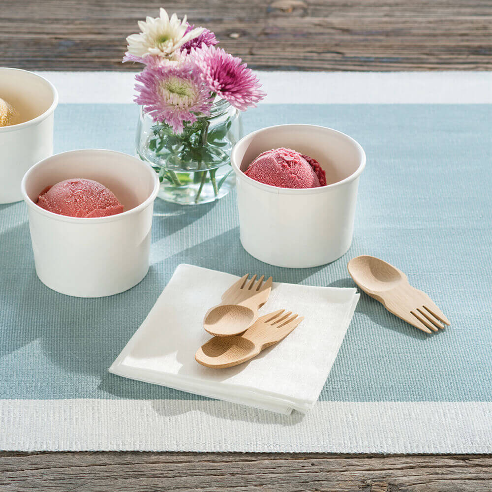 Organic Bamboo Sporks shown with Ice Cream