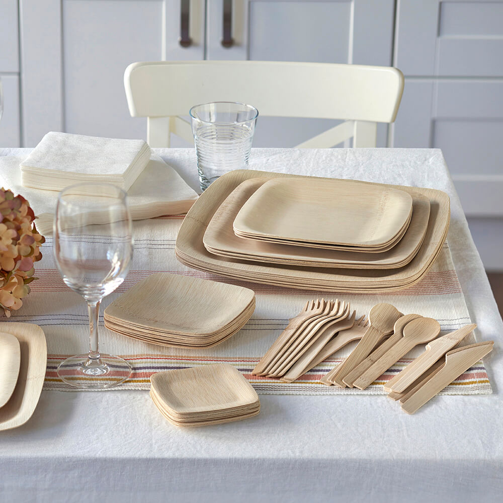 Organic Bamboo Disposable Square Plates of various sizes as Table Setting