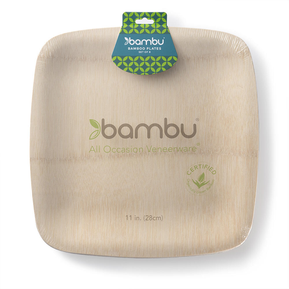 11-inch Certified Compostable Bamboo Square Plate Retail Pack